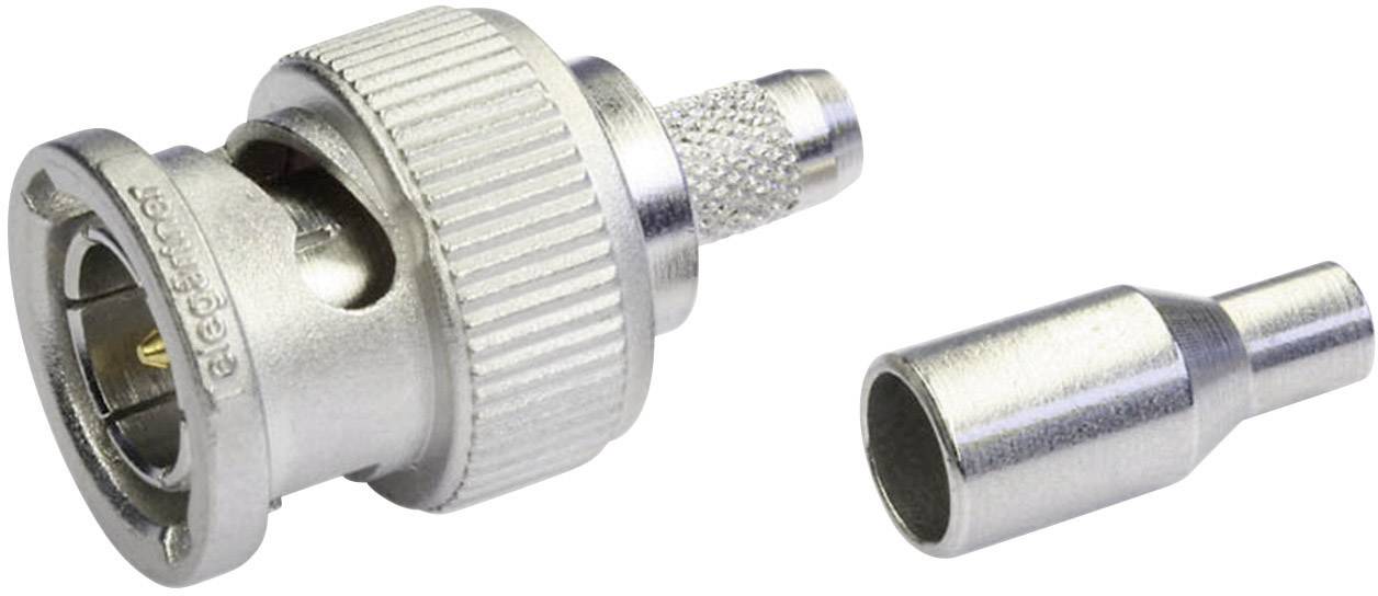 Un adattatore BNC argentato con ghiera zigrinata e un corrispondente spinotto di connessione sono posizionati uno accanto all'altro su uno sfondo bianco.