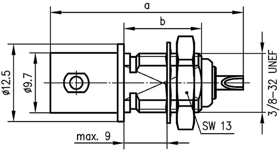 Disegno tecnico di un connettore cilindrico con quote e specifiche di filettatura. Include diametro, lunghezza e larghezza della chiave.