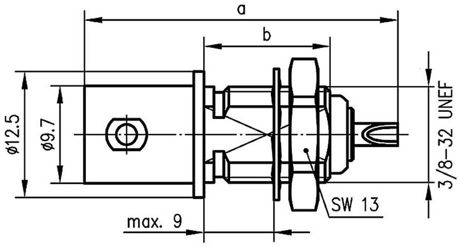 Disegno tecnico di un componente con misure: lunghezza a, b; diametro ø12,5, ø9,7; filettatura 3/8-32 UNEF; dimensione chiave SW 13.