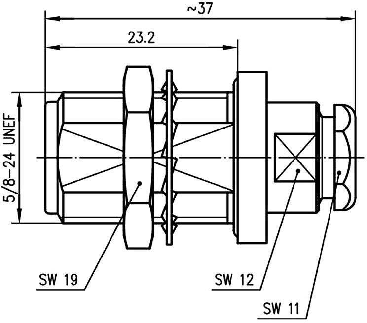 Disegno tecnico di un connettore con quote e specifiche di filettatura, tra cui '5/8-24 UNEF' e 'SW 19'.