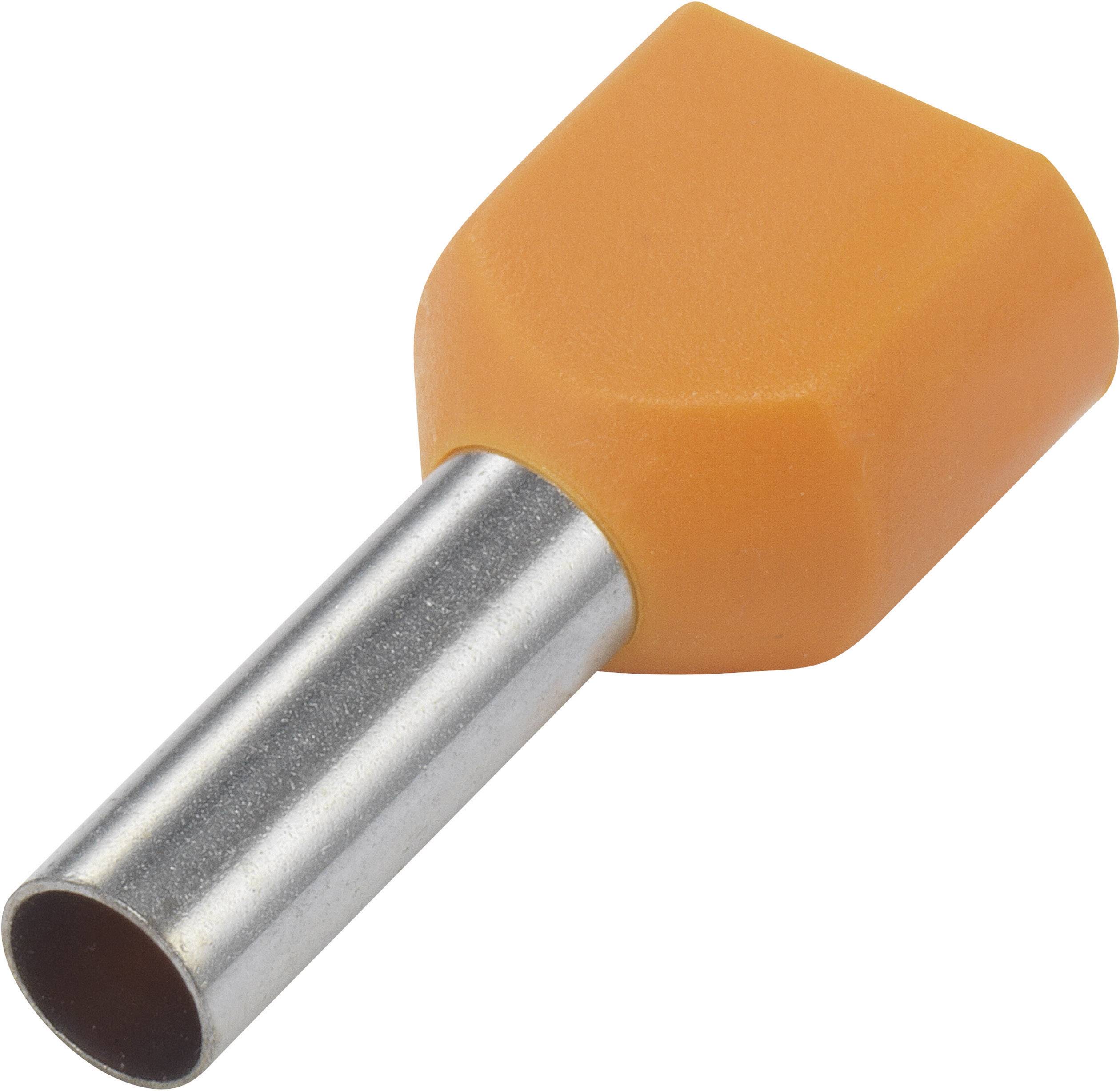 Un capocorda isolato arancione con cilindro metallico argentato, utilizzato per collegare o crimpare cavi elettrici.