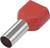 Capocorda rosso con tubetto metallico, utilizzato per collegare cavi in applicazioni elettriche.