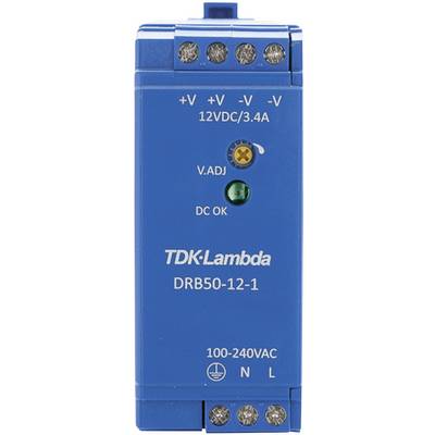 Un dispositivo elettronico blu di TDK-Lambda, modello DRB50-12-1. Mostra i connettori di ingresso e uscita e le spie di stato.
