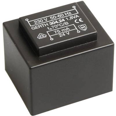 Trasformatore nero a forma di parallelepipedo, etichettato '230 V 50-60 Hz', Modello GERTH 304-24, Potenza nominale 1,8 VA, Uscita 24 V, 75 mA.
