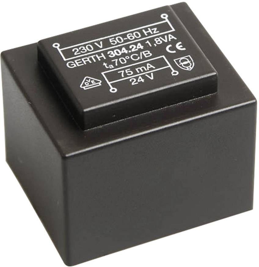 Trasformatore nero con iscrizione: '230 V, 50-60 Hz, GERTH 304.24, 1.8VA, t70°C/B, 75 mA, 24 V'.