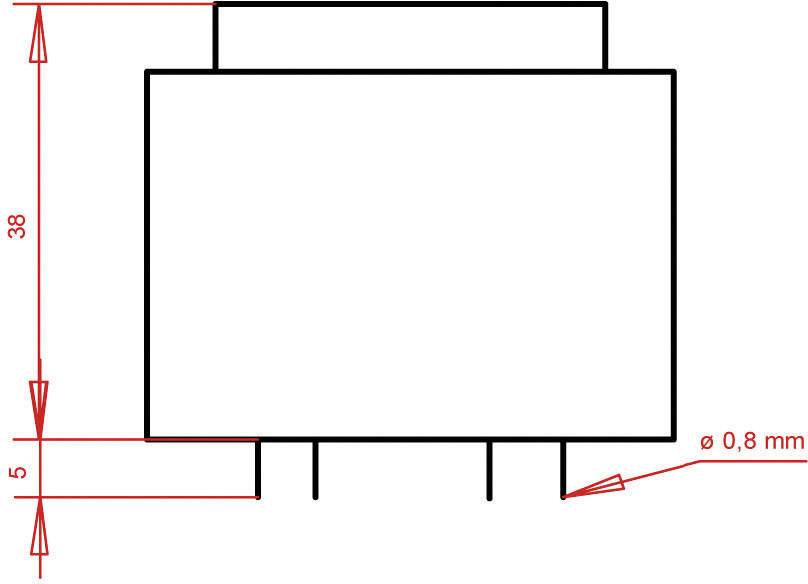 Un componente rettangolare con due specifiche dimensionali: altezza 38 mm, distanza dal suolo 5 mm e diametro di 0,8 mm su un pin.