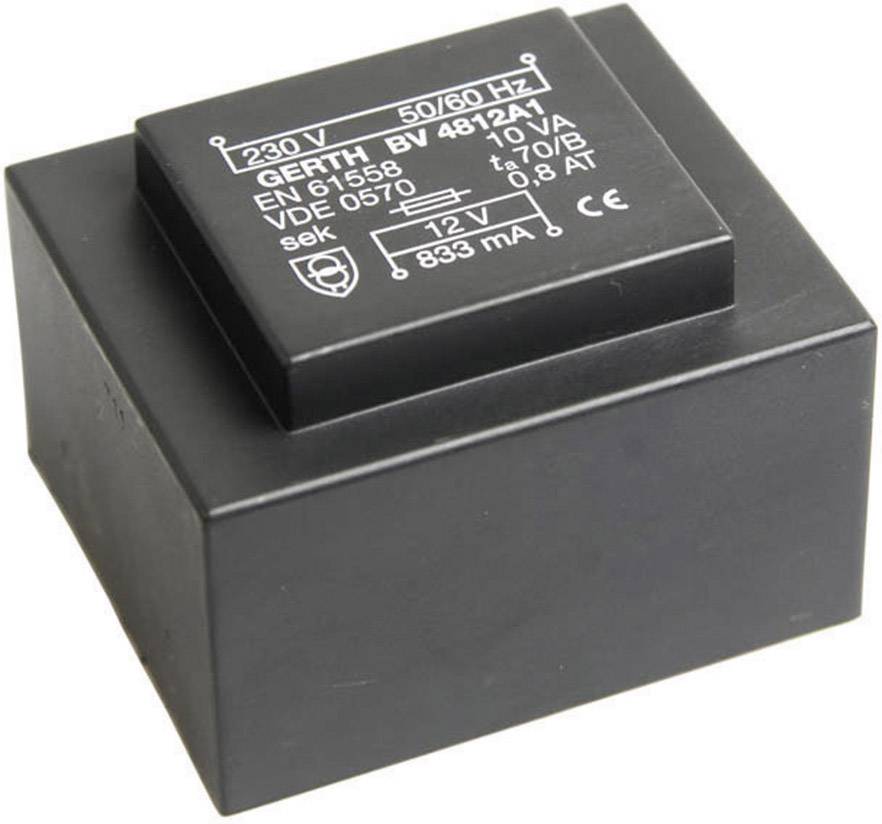 Trasformatore elettrico nero con stampa bianca. L'etichetta mostra le specifiche: 230 V, 50/60 Hz, 12 V, 833 mA.