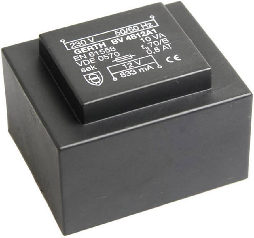 Un trasformatore nero con indicazioni: '230V, 50/60 Hz, 12V, 833 mA'. Il numero di modello 'BV 4812A' è visibile in alto, con marchio CE presente.
