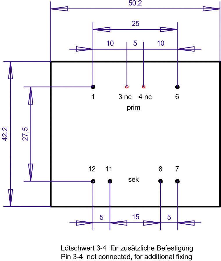Schematico mostra il profilo rettangolare con pin primari e secondari, incluse le dimensioni e una nota per non collegare i pin 3-4.