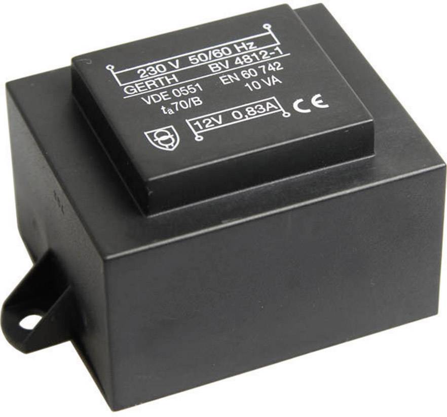Trasformatore nero con specifiche tecniche bianche sulla parte superiore, tra cui '230 V 50/60 Hz', '12V 0,83A'.