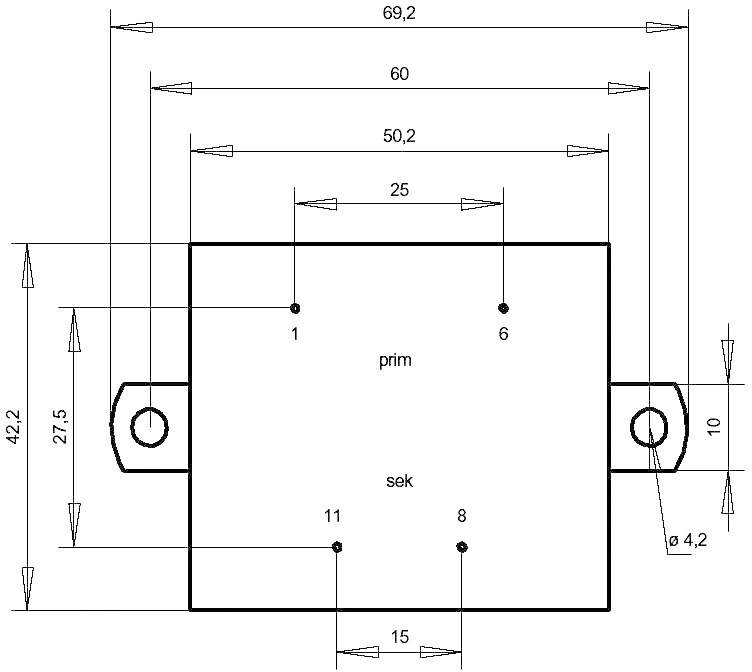 Disegno tecnico di un componente rettangolare con quote. Larghezza 69,2 mm, altezza 42,2 mm. Fori e linee di riferimento contrassegnati.