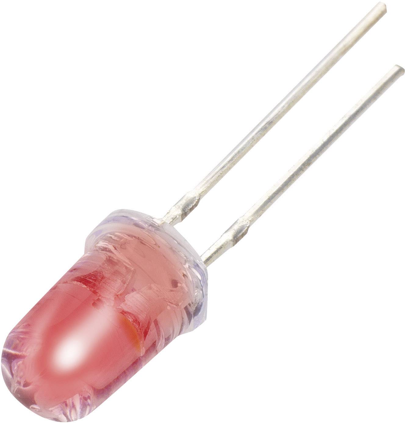 Un LED rosso con due fili di connessione argentati, isolato su sfondo bianco.