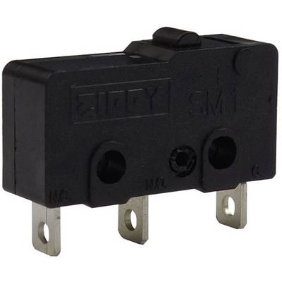 Un microinterruttore nero con tre contatti metallici e una piccola leva di azionamento, adatto per dispositivi elettronici.