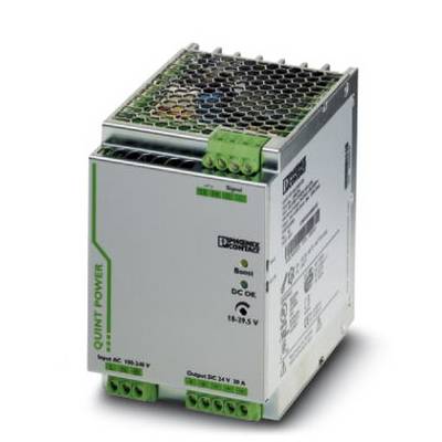 Alimentatore industriale di Phoenix Contact, modello QUINT4-PS/1AC/24DC/20 con custodia e griglie di ventilazione. Uscita 24V DC.