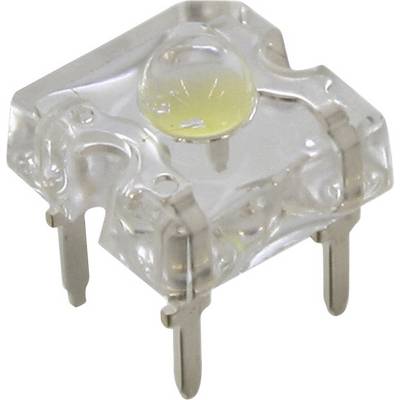 Un componente elettronico trasparente con tre pin metallici, che assomiglia a un LED, su sfondo bianco.