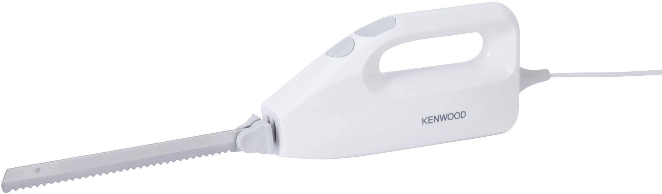 Coltello elettrico Kenwood, bianco, con impugnatura ergonomica e lama seghettata, ideale per tagliare pane o carne.