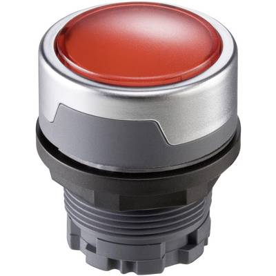 Grande pulsante rosso con bordo argentato su base nera, probabilmente parte di un sistema di sicurezza o di un pulsante di emergenza.