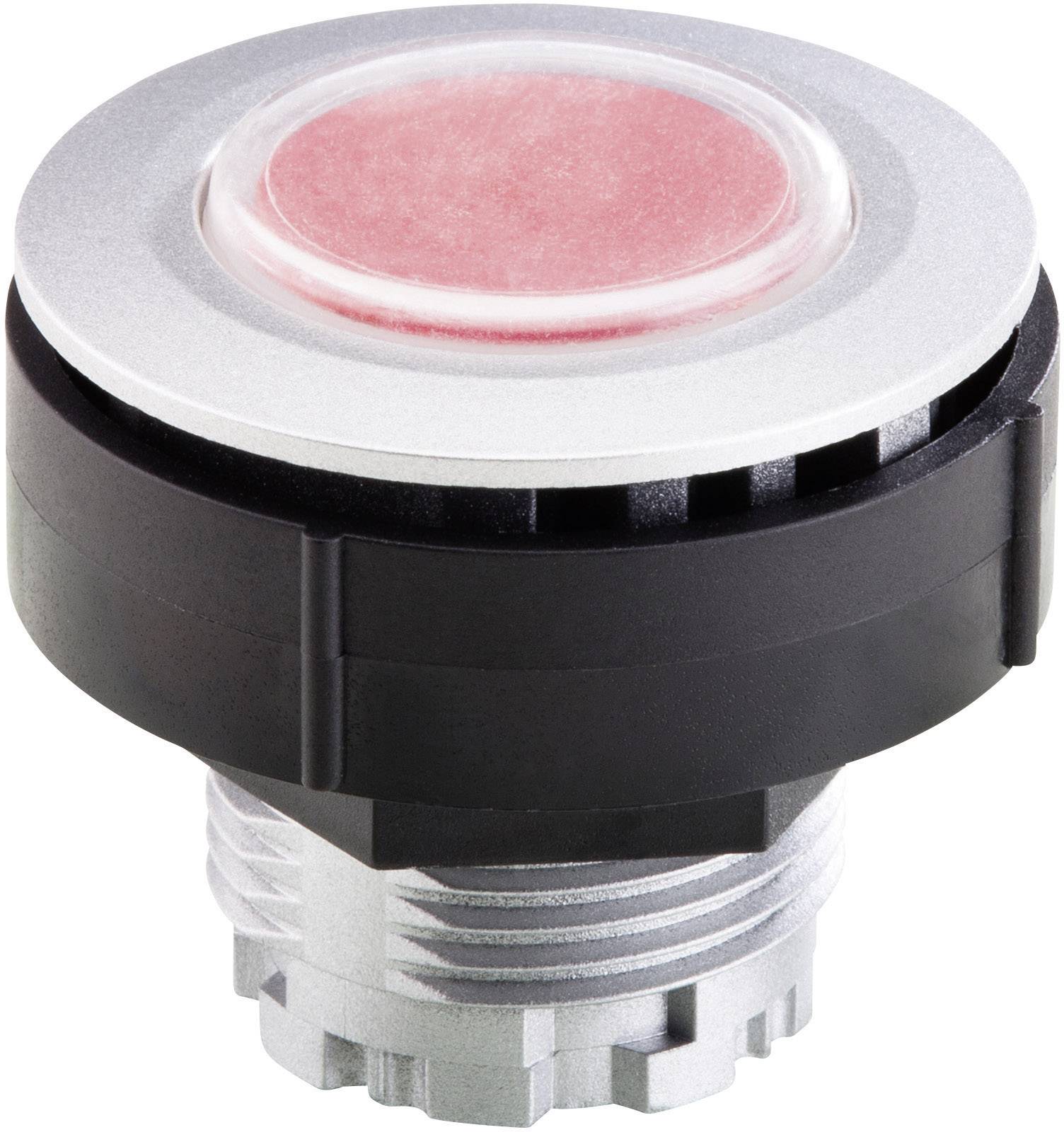 Un pulsante rosso circolare con bordo argentato e involucro nero, adatto per comandi industriali.