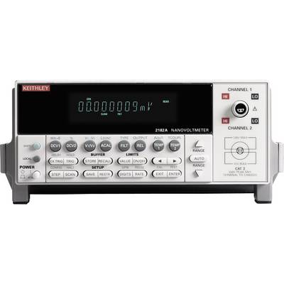 Il 'Keithley 2182A Nanovoltmetro' mostra un display digitale della tensione misurata, con diversi comandi e opzioni di ingresso.