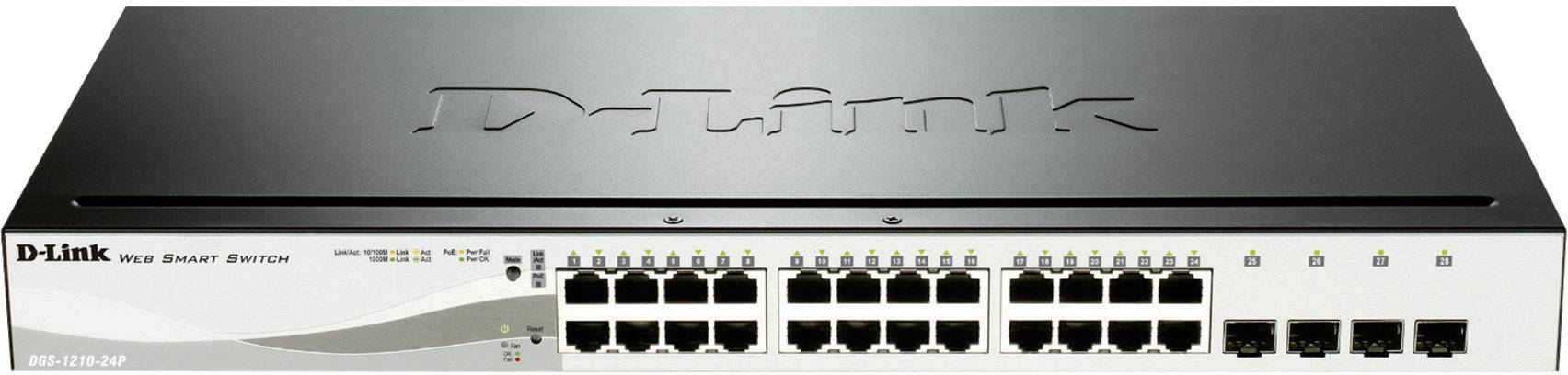 Switch Web Smart D-Link con 24 porte Ethernet, chassis nero con logo aziendale in alto. Include indicatori di stato per ogni porta.