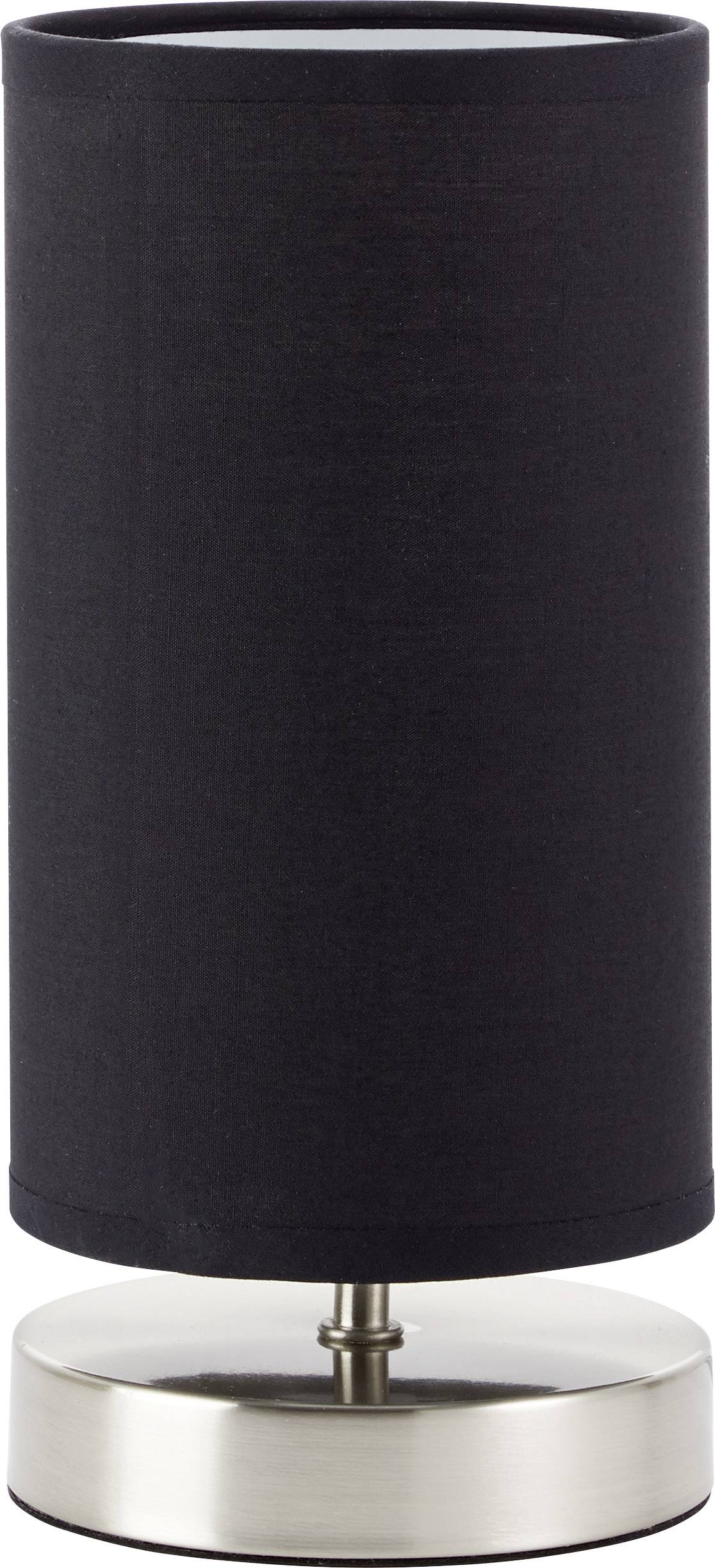 Lampada da tavolo nera con paralume cilindrico e base argentata, adatta per arredamenti moderni.