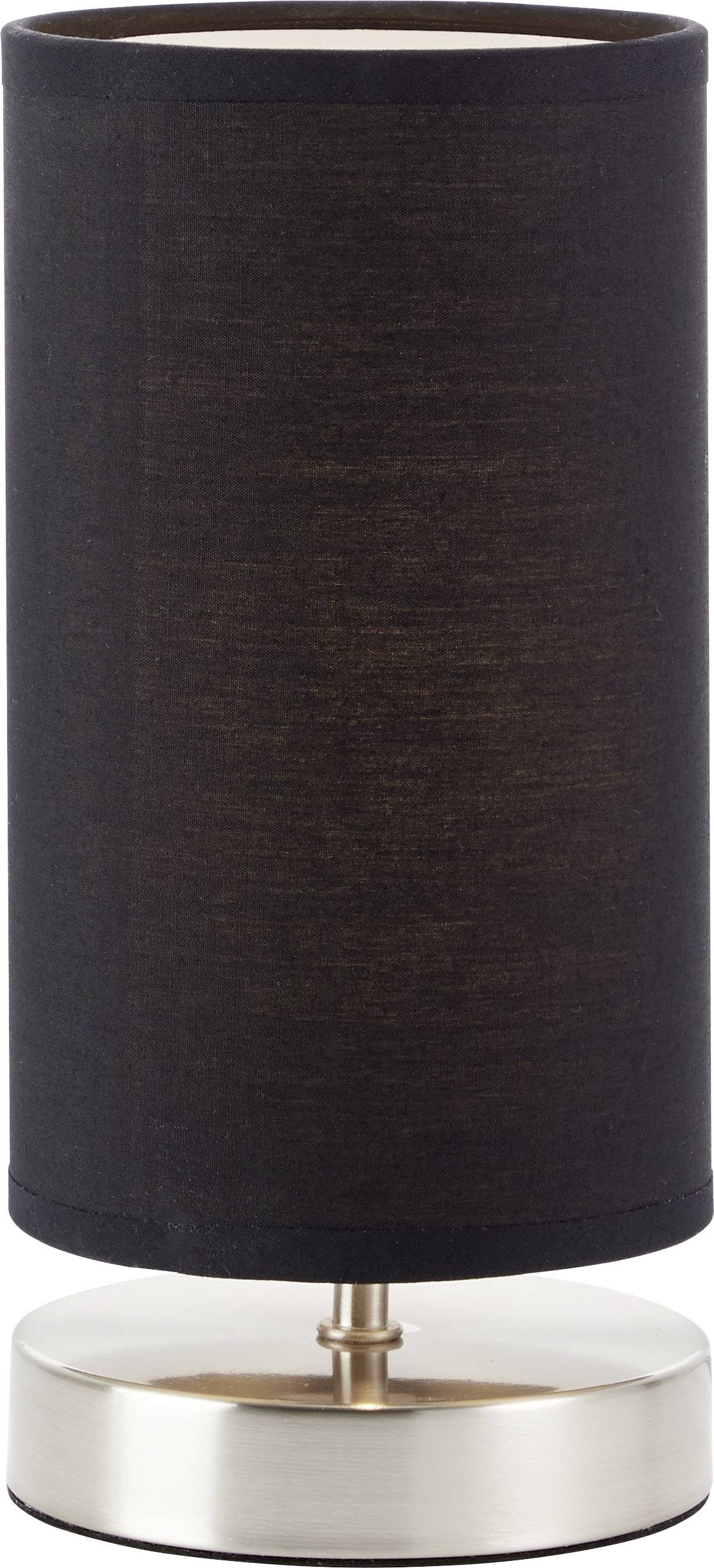 Lampada da tavolo nera con paralume cilindrico in tessuto e base rotonda e piatta in metallo, adatta per un design d'interni moderno.