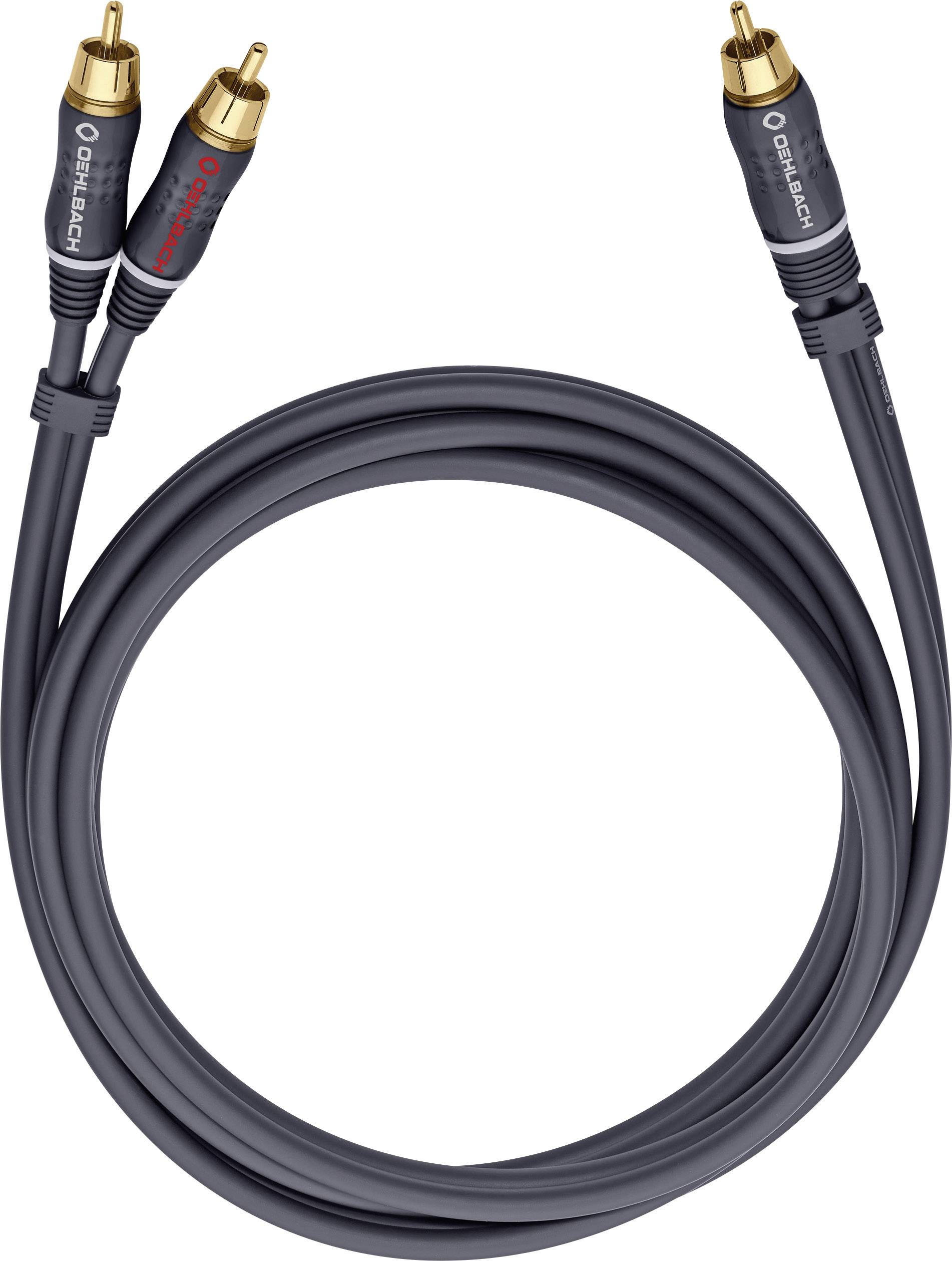 Due cavi RCA neri con connettori dorati e stampa rossa e bianca. Sono disposti a spirale e sono destinati alla trasmissione audio.
