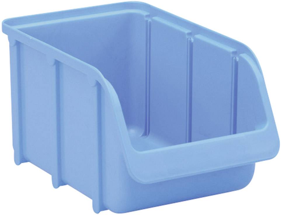 Un contenitore in plastica blu con lato anteriore aperto, adatto per conservare oggetti o componenti di piccole dimensioni.