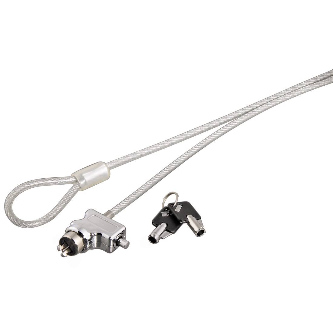 Cavo di sicurezza con lucchetto e due chiavi per proteggere dispositivi elettronici dal furto.