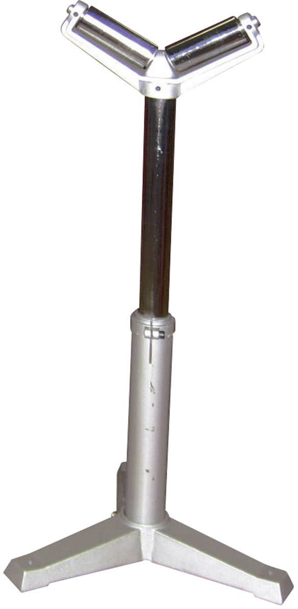 Un supporto stabile in metallo argentato con base triangolare e staffa a forma di V nella parte superiore, probabilmente per tubi o aste.