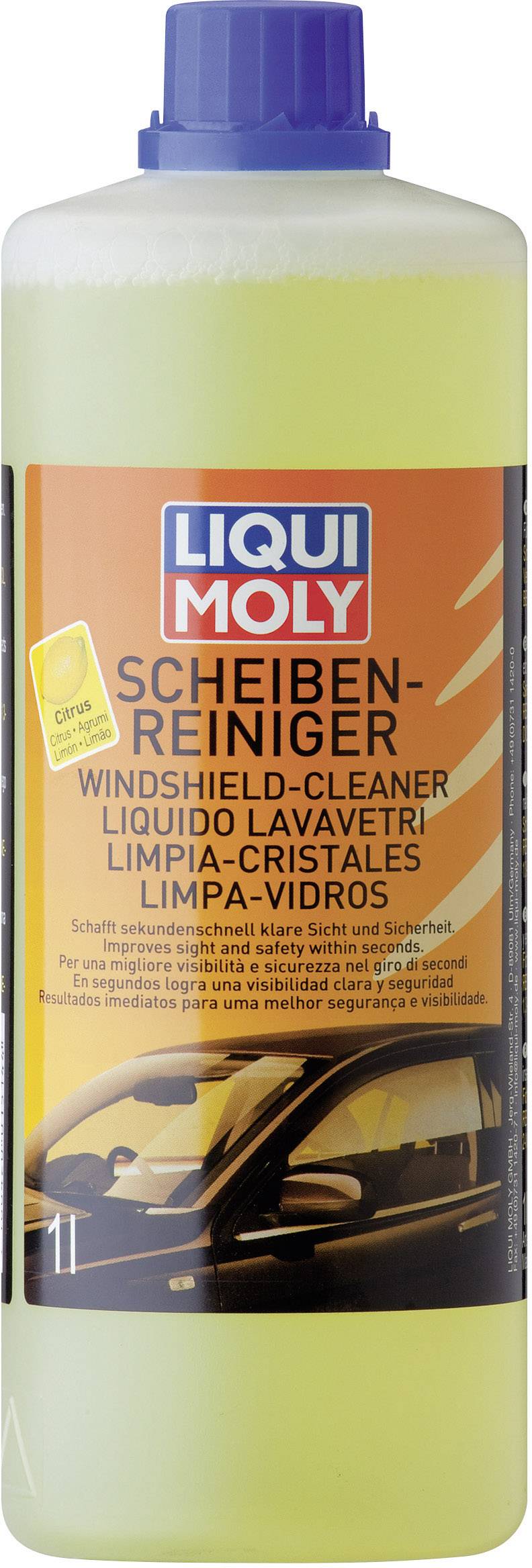 Una bottiglia di LIQUI MOLY detergente per vetri con liquido giallo ed etichetta che ne descrive l'uso come detergente per vetri efficace.