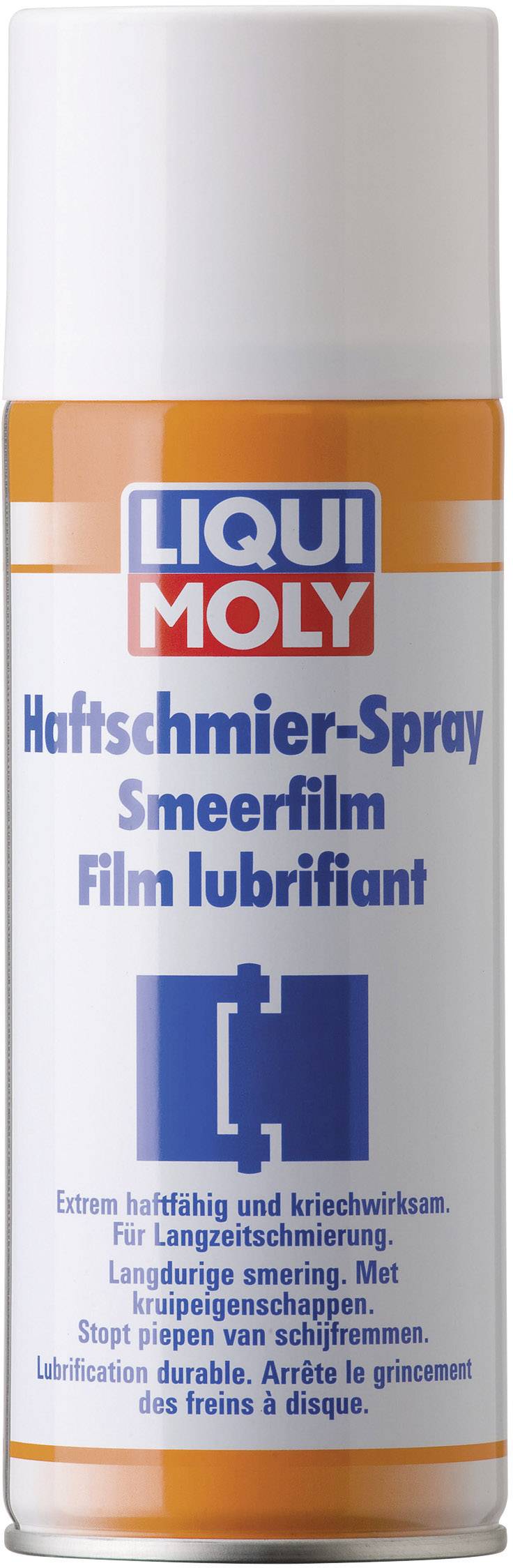 Bomboletta spray bianco-blu-arancione con la scritta 'LIQUI MOLY Spray Lubrificante Aderente'. Prodotto per la lubrificazione a lungo termine e la riduzione dei rumori.