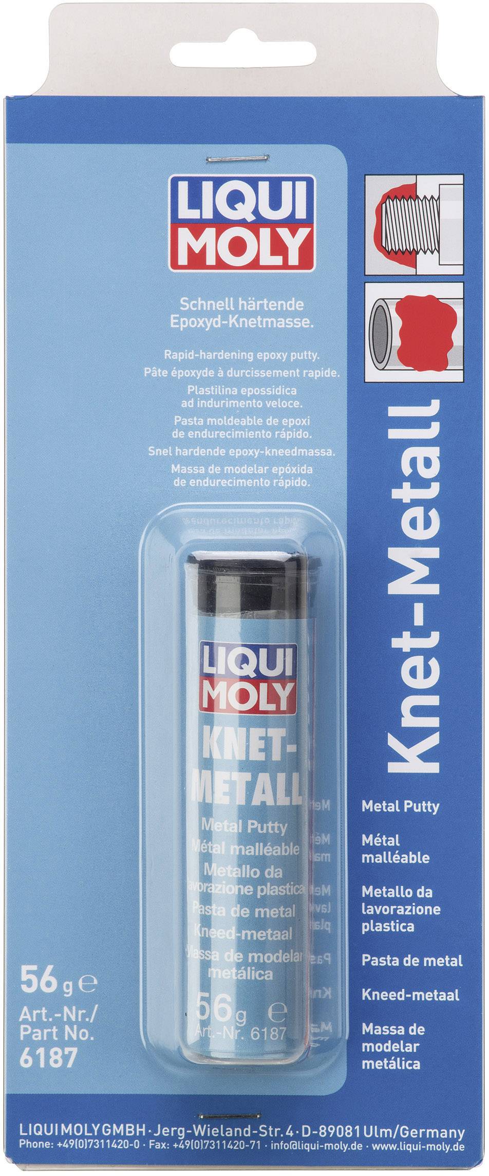 Confezione di un metallo plastico epossidico del marchio Liqui Moly. Nella confezione un prodotto a forma cilindrica. Testo sulla confezione: 'Metallo Modellabile'.