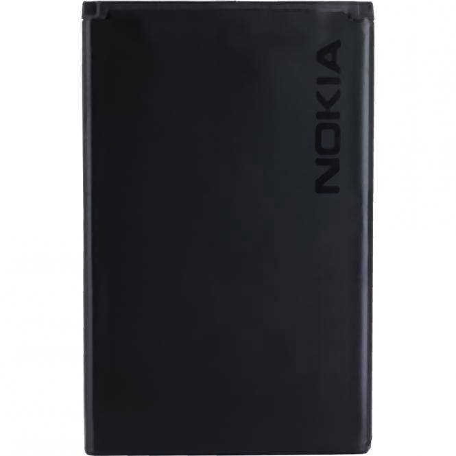Un accumulatore nero Nokia viene mostrato frontalmente, dal design essenziale senza dettagli o connettori visibili.