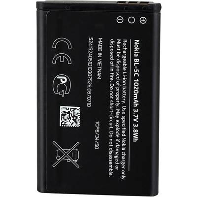Batteria nera 'Nokia BL-5C, 1020mAh, 3.7V, 3.8Wh' con pittogrammi di sicurezza e avvertenze, incluso 'Non cortocircuitare'.