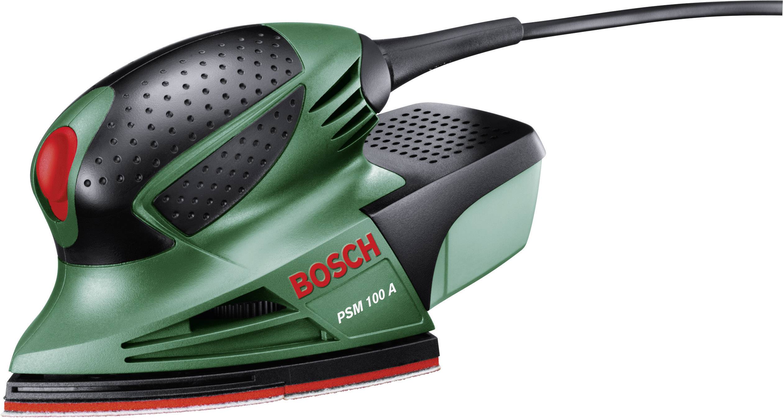 Un levigatrice orbitale Bosch PSM 100 A di colore verde con un manico ergonomico e un pulsante di accensione rosso.