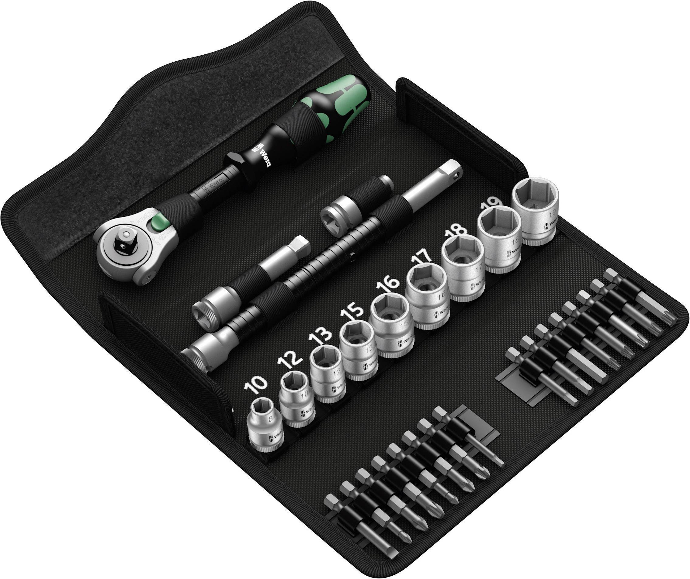 Un set di utensili con cricchetto, bussole da 10 a 19 mm e bit in un astuccio aperto, organizzato e pronto all'uso.