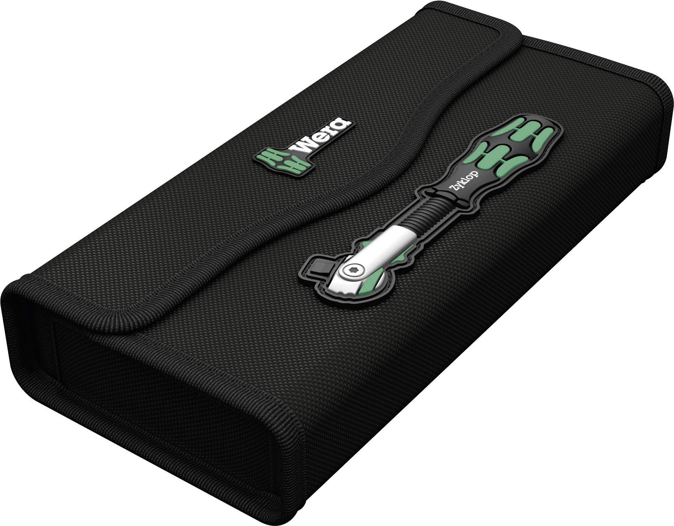 Custodia nera con un design di cacciavite verde e nero sulla parte anteriore, che simboleggia il set di utensili.