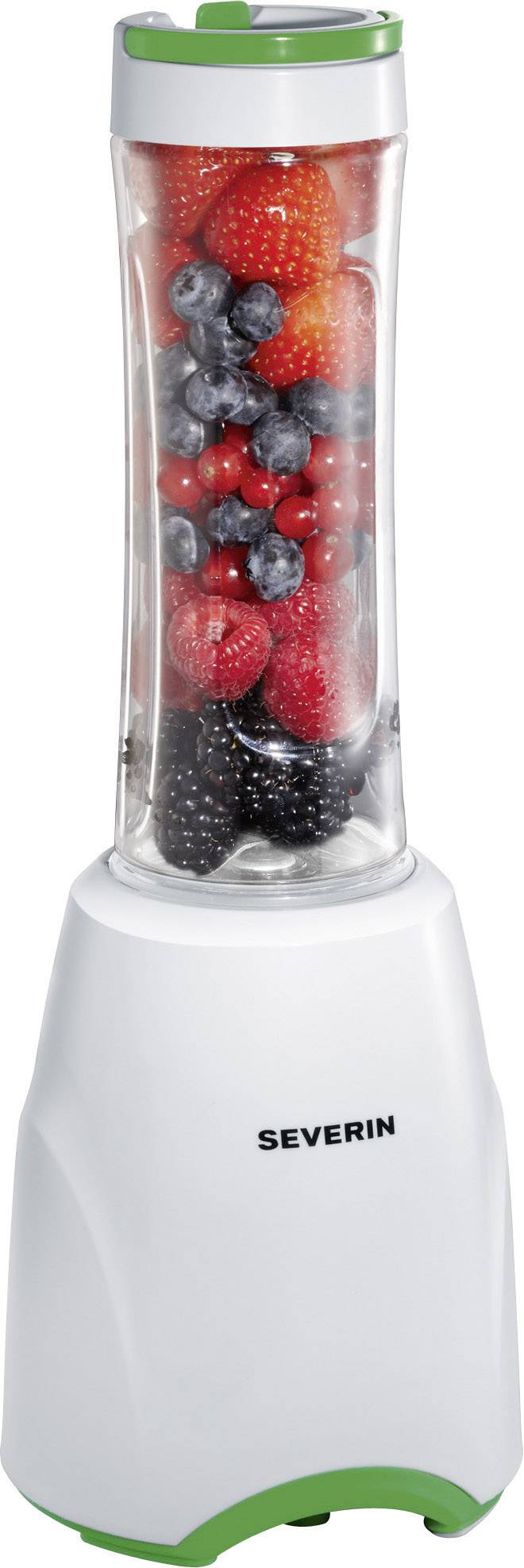Un frullatore bianco del marchio Severin, riempito con fragole, mirtilli e more.