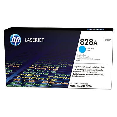 Un imballaggio per un toner HP LaserJet, modello 828A, in ciano. Idoneo per stampanti HP Color LaserJet Enterprise Flow MFP M880.