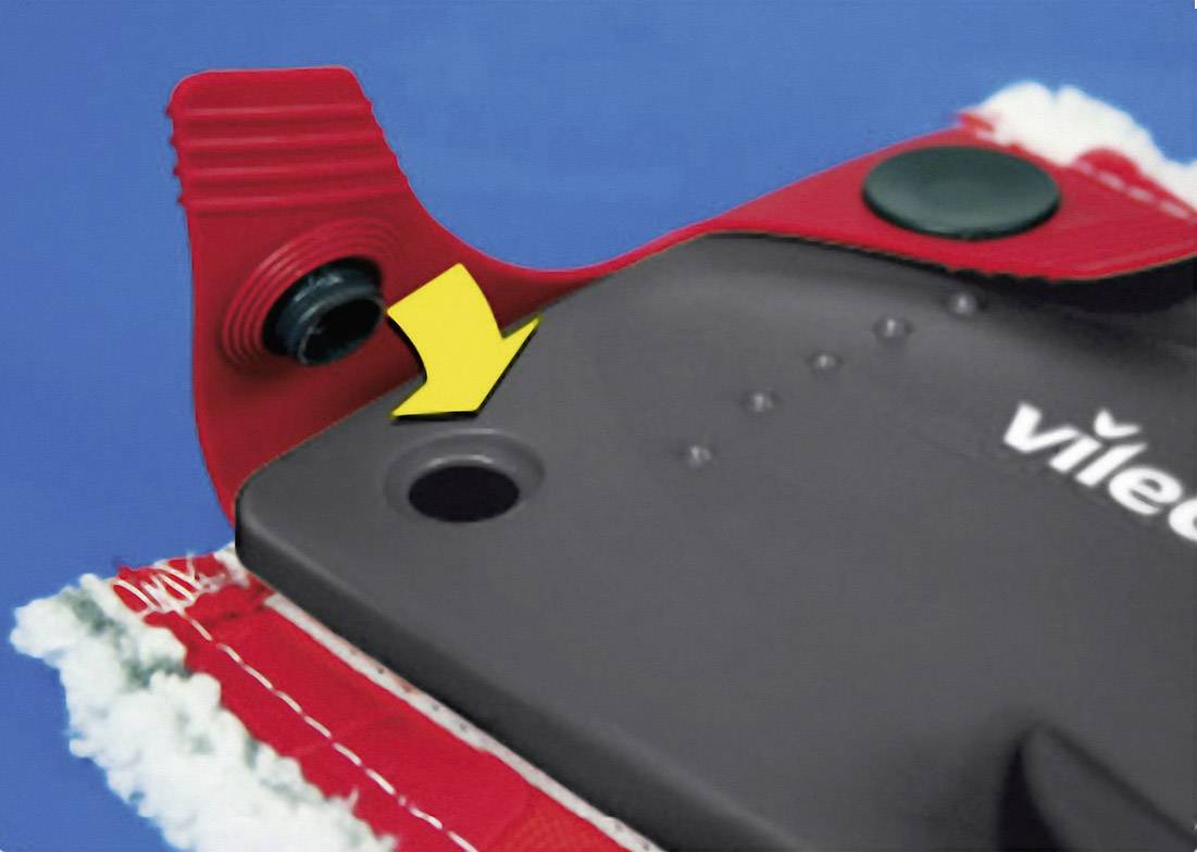 Dispositivo 'Vileda' con un meccanismo rosso e nero che mostra una freccia gialla e bottoni neri. Poggia su uno sfondo blu.