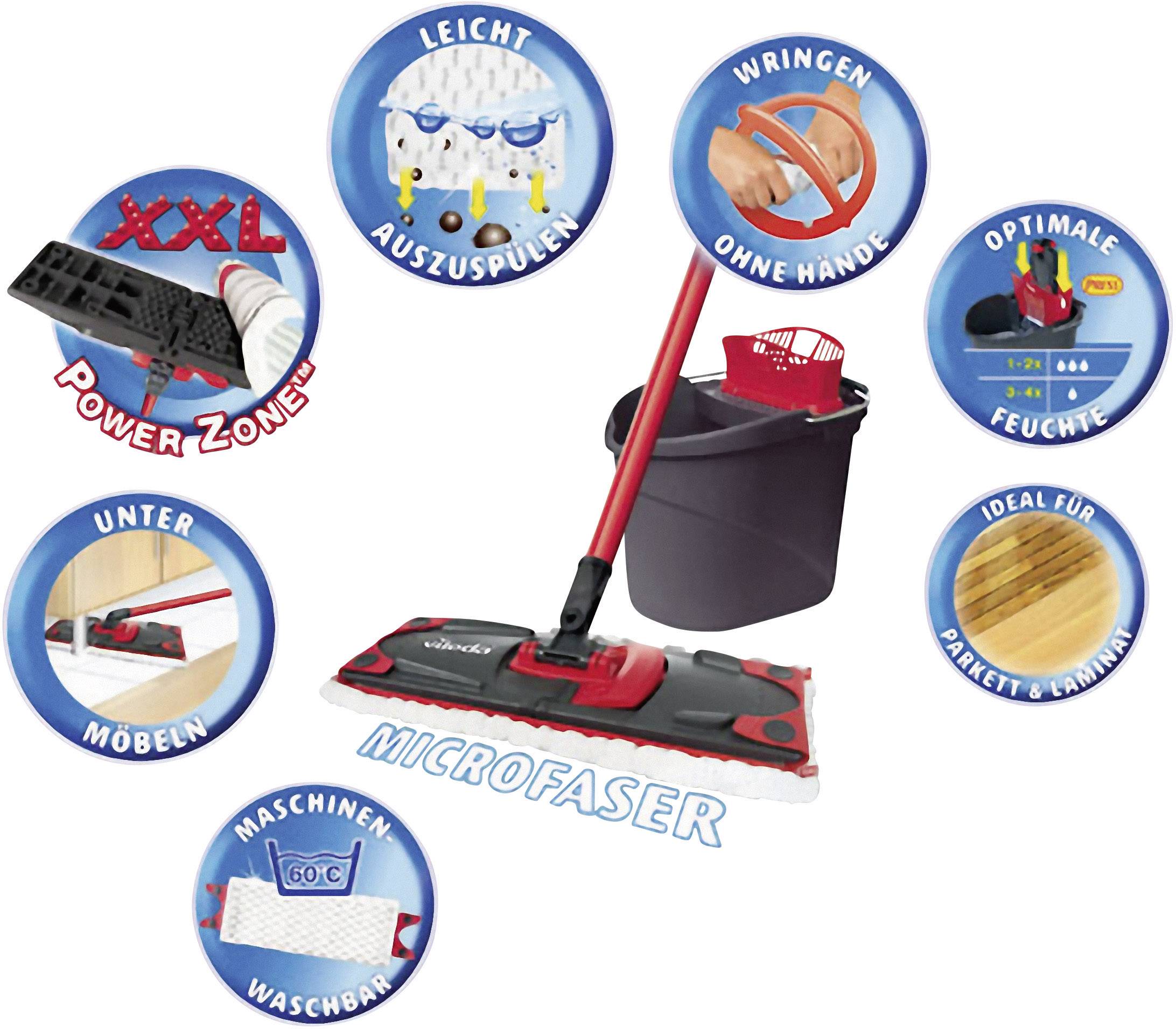 Set mocio con secchio. Include sistema di strizzatura senza mani, adatto per parquet/laminato, lavabile, panno in microfibra.