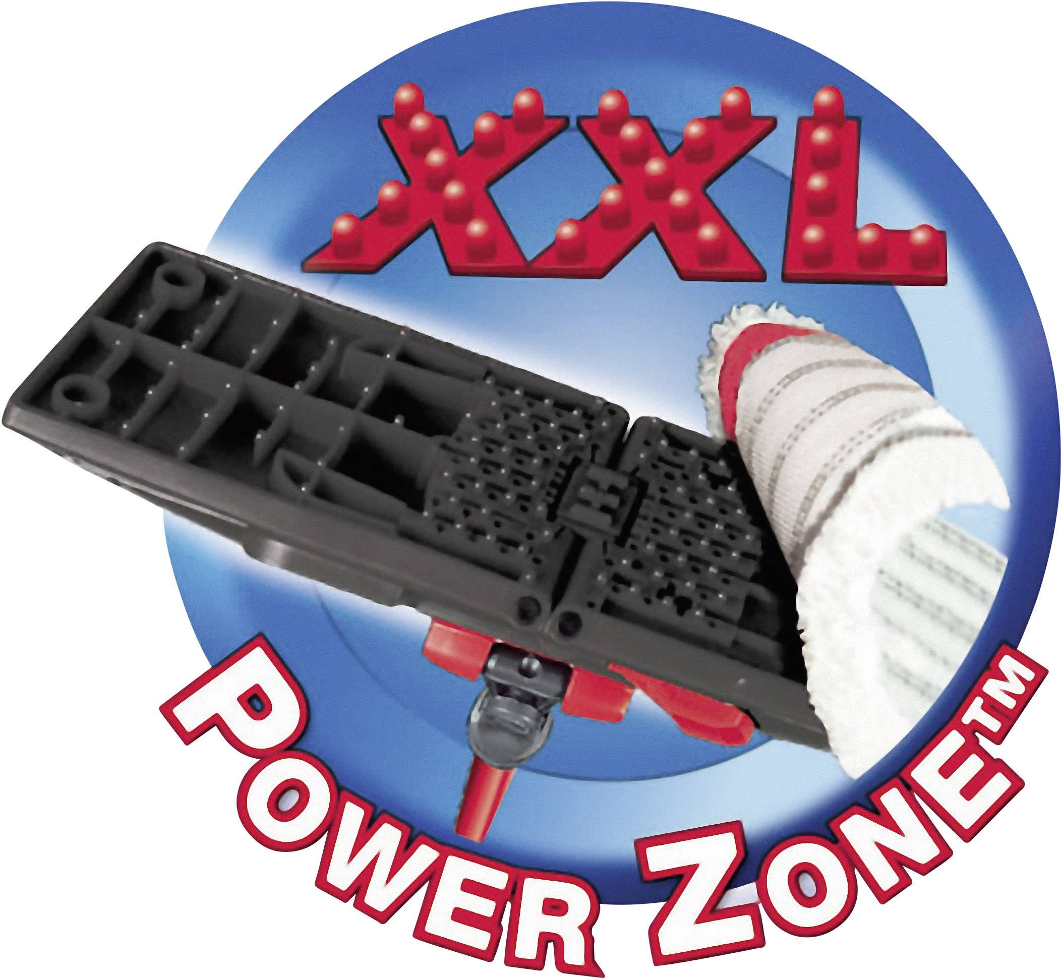 Dispositivo per la pulizia con un panno, accanto a un logo blu e rosso con le parole 'XXL Power Zone'.