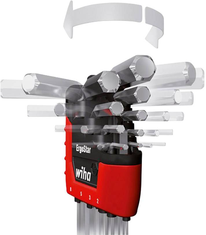 Un set di chiavi esagonali di alta qualità in forma di L, alloggiate in un supporto ergonomico che si apre mediante movimento rotatorio.