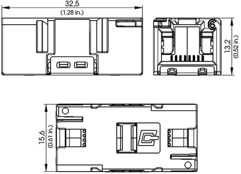 Disegno tecnico di un componente elettronico con dimensioni: 32,5 mm x 13,2 mm x 15,6 mm. Mostra vista frontale, laterale e dall'alto.