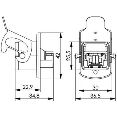 Disegno tecnico di una spina: A sinistra vista laterale con dimensioni; a destra vista dall'alto con meccanismo interno e ulteriori misure.
