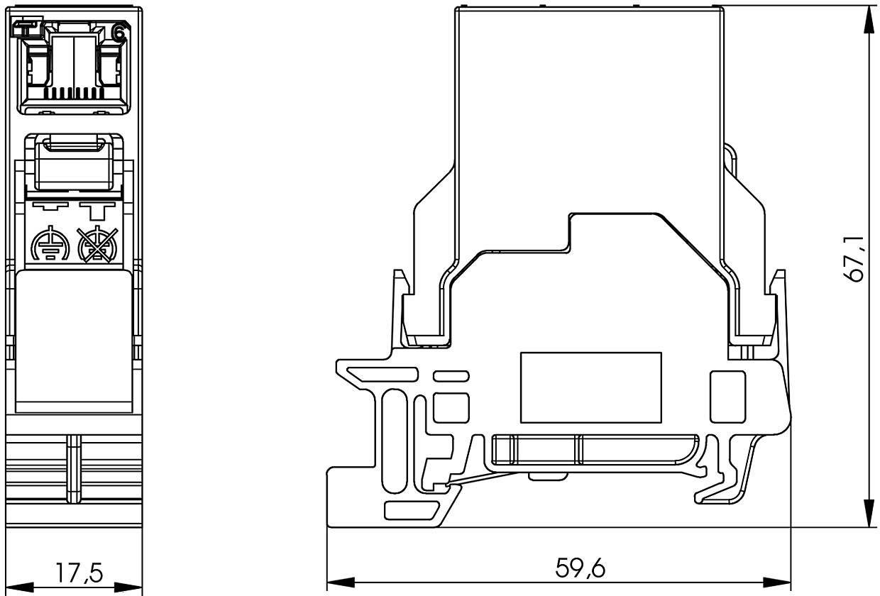 Disegno tecnico di un componente elettronico con dimensioni: larghezza 17,5 mm, profondità 59,6 mm e altezza 67,1 mm.