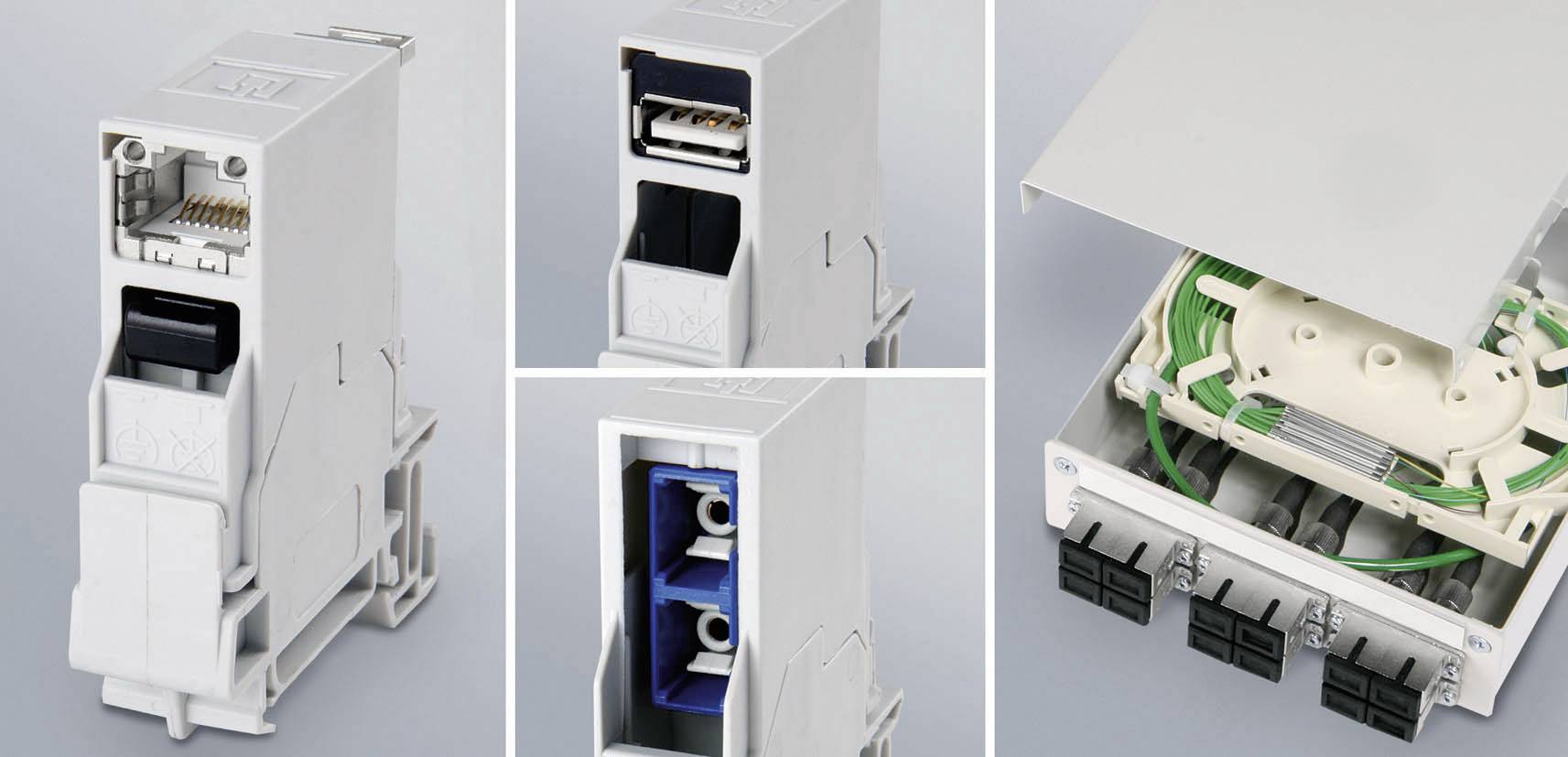 Un modulo elettrico a innesto con molteplici prospettive: vista frontale con connettori, lato aperto che mostra i componenti interni.