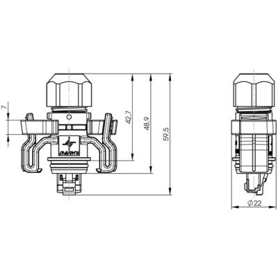 Disegno tecnico di una valvola con dimensioni: altezza 59,5 mm, larghezza 42,7 mm. Mostra la vista laterale e frontale con dettagliate linee di costruzione.