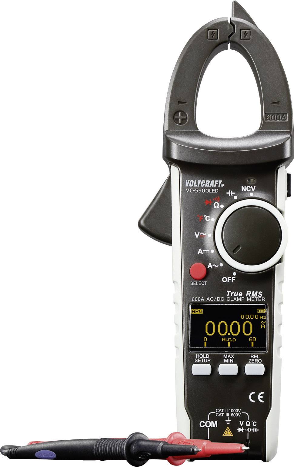 Misuratore digitale di corrente con pinza amperometrica e display con diversi valori di misurazione. Adatto per misurazioni AC/DC e ulteriori verifiche elettriche.